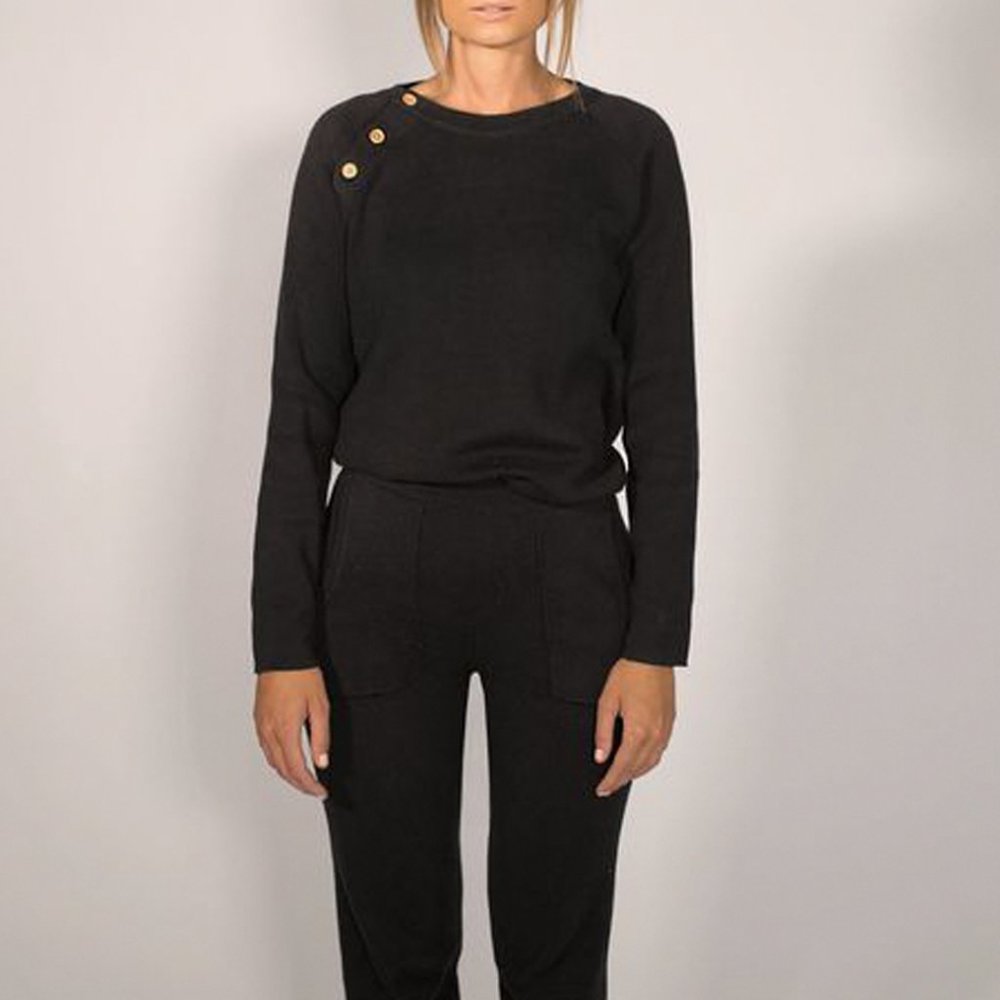ELINA CASELL Black Button Detail Ella Cotton Knit Sweater NWT Size M